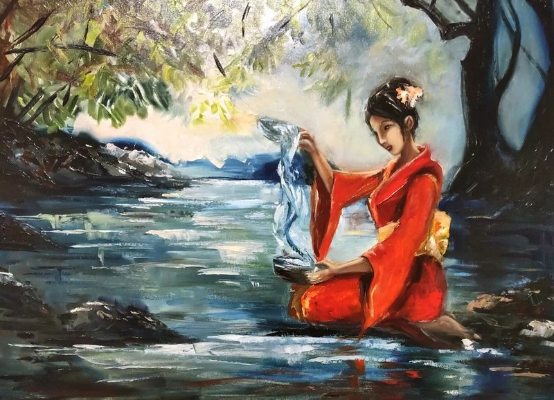 亞洲女孩和水 東方風景 當代原創厚塗油畫 - 壁貼/牆壁裝飾 - 其他材質 紅色