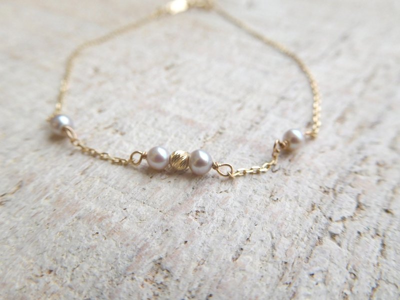 Pure 14k gold mini gray round pearl laser k gold ball bracelet - Bracelets - Other Materials Gold