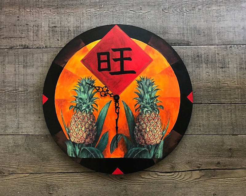 POPO│Taiwan pineapple = Wanglai │ hand-painted collages│ manual clock - นาฬิกา - ไม้ สีแดง