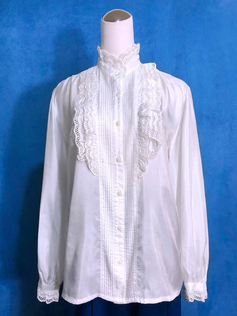 荷葉邊刺繡輕古董長袖襯衫/ 國外帶回 VINTAGE - 女襯衫 - 聚酯纖維 白色