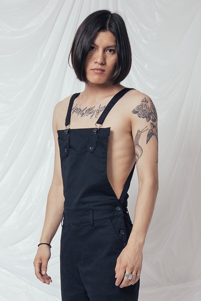 JANWONGデザインメンズビブパンツ日本の男性スタイルのオーバーオールストリートダークスタイルカジュアルパンツ - オーバーオール - コットン・麻 ブラック