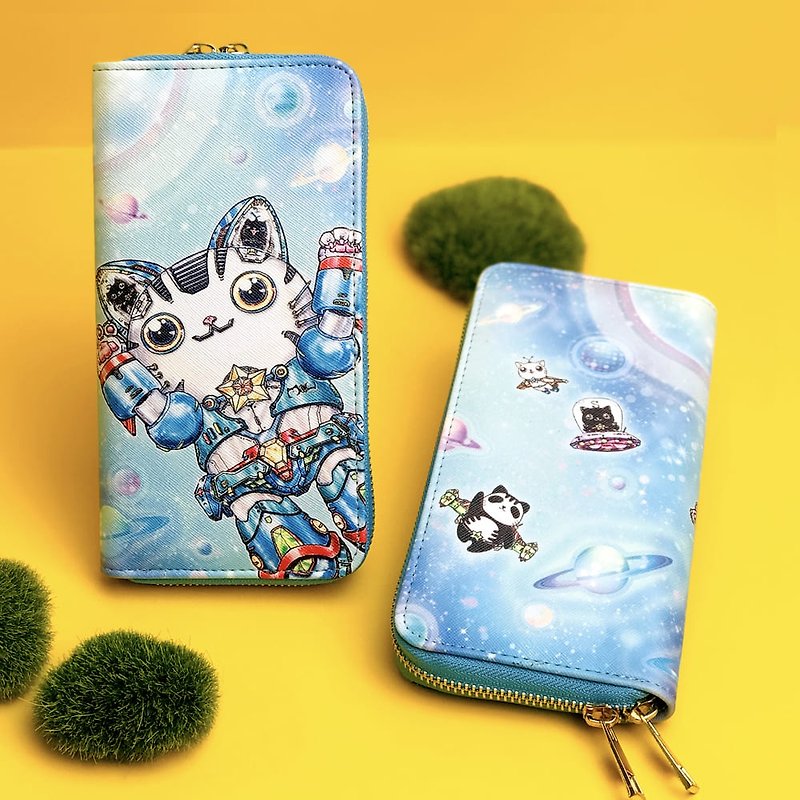Cross Leather Wallet | Long Clip | Waterproof-Brave Robotic Cat - กระเป๋าสตางค์ - วัสดุกันนำ้ สีน้ำเงิน