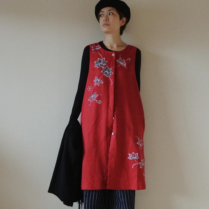 Cotton & Hemp Women's Tops - Long vest, red <Chintz, lotus>