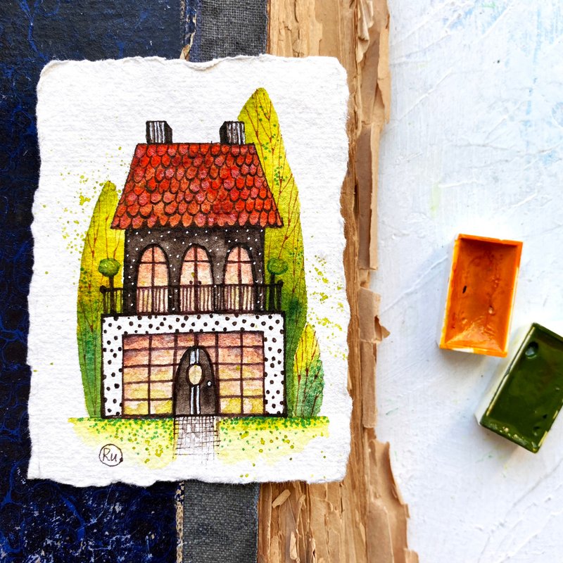 Painting of house Original art Miniature artwork on handmade paper ACEO - 海報/掛畫/掛布 - 紙 多色