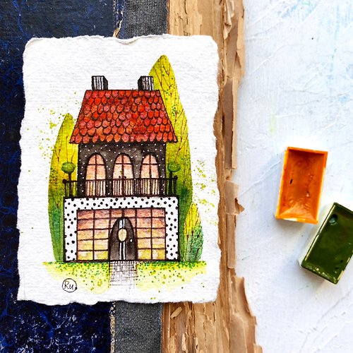 Rubinova Art Painting of house Original art Miniature artwork on handmade paper ACEO