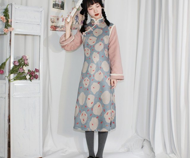 首袖ファー あったかチャイナドレス風ワンピース 金魚柄 - ショップ eden-cheongsam チャイナドレス - Pinkoi