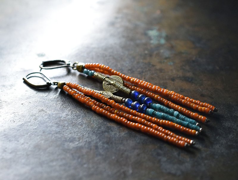 Orange and peacock blue seed beads, African brass, antique blue beads, old Orissa brass 4-row earrings - Earrings & Clip-ons - Glass Orange