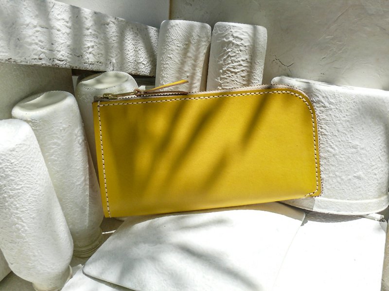 Genuine Leather Coin Purses Yellow - Non-colliding lemon yellow vegetable tanned leather full genuine leather universal wallet