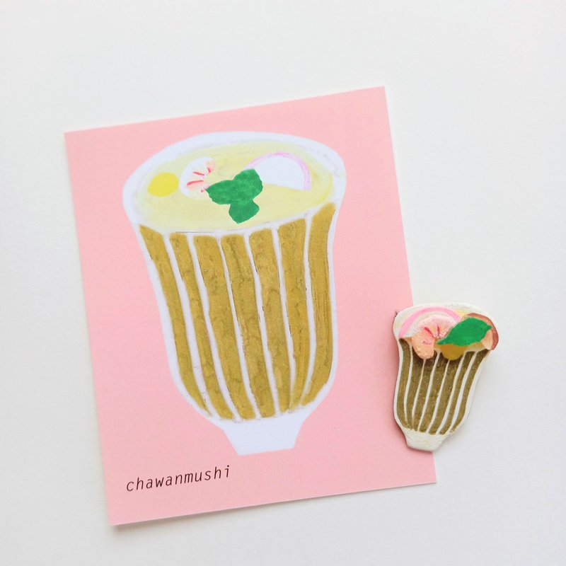 ブローチ　茶碗蒸し　卵料理　手描き　一点もの - ブローチ - プラスチック ゴールド