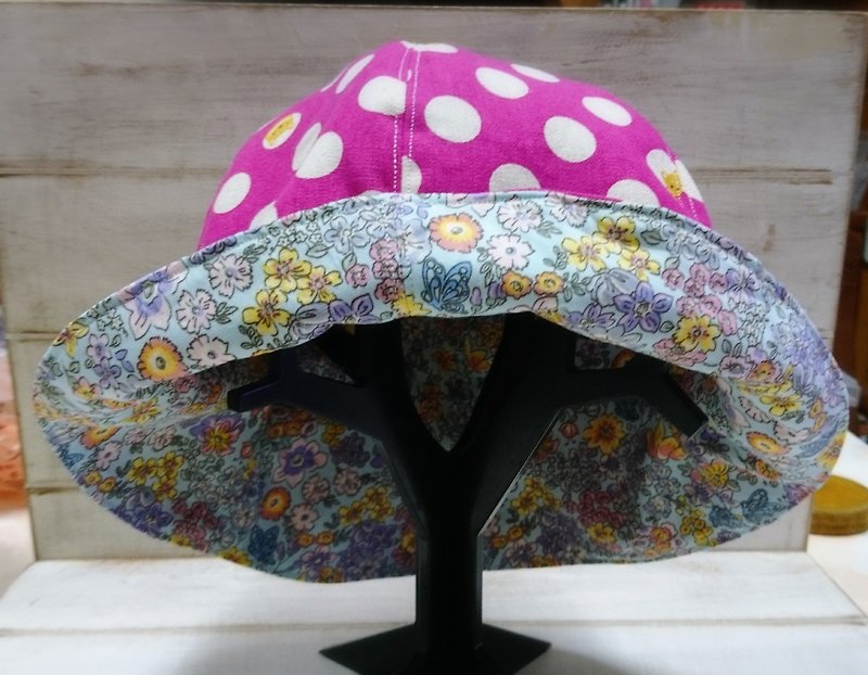 Small yellow dog pink dot pink blue small floral double-sided fisherman hat - Hats & Caps - Cotton & Hemp Multicolor
