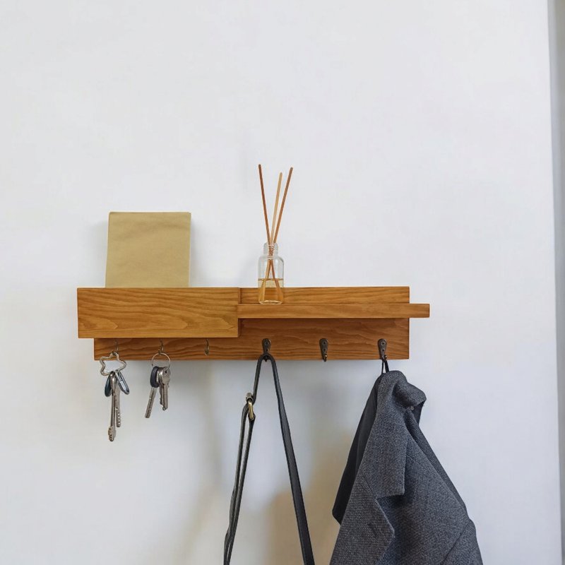 Handmade Wooden Organizer – Mail Holder & Key Hooks Shelf - 其他家具 - 木頭 