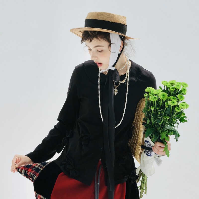 黑色蝴蝶結棉襯衫 / 外套 - 女襯衫 - 棉．麻 黑色