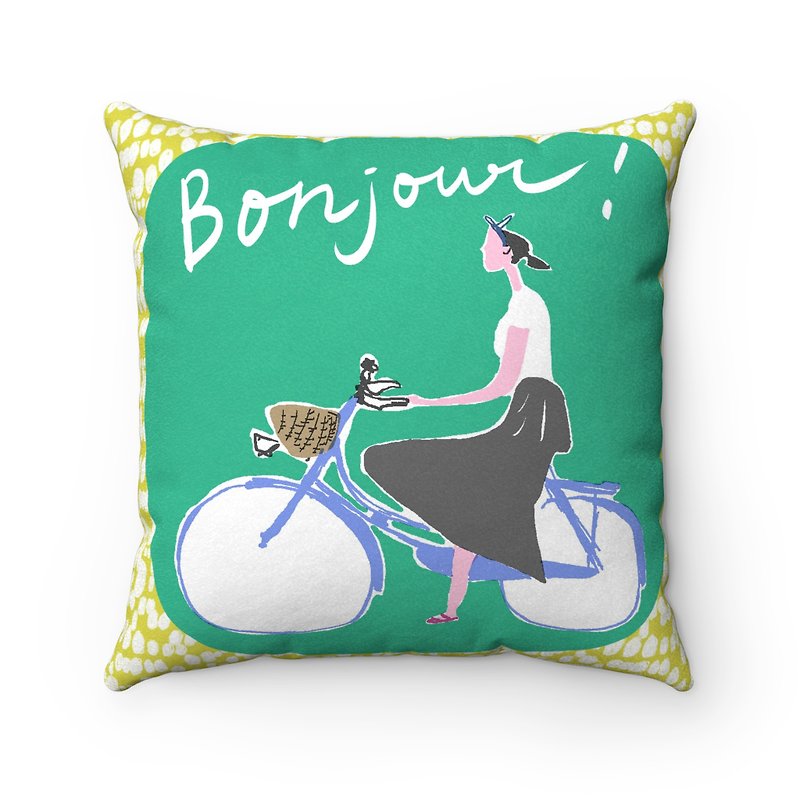 Bonjour! Good Morning Bike Girl Pillow Fluff Pillow - with Pillow - Pillows & Cushions - Polyester Green