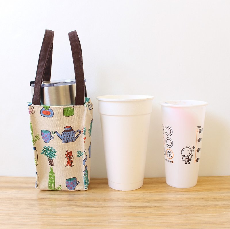 Potted Illustration Beverage Bag (Large) Green Cup Bag Ice Bass Cup Bag - ถุงใส่กระติกนำ้ - ผ้าฝ้าย/ผ้าลินิน สีนำ้ตาล
