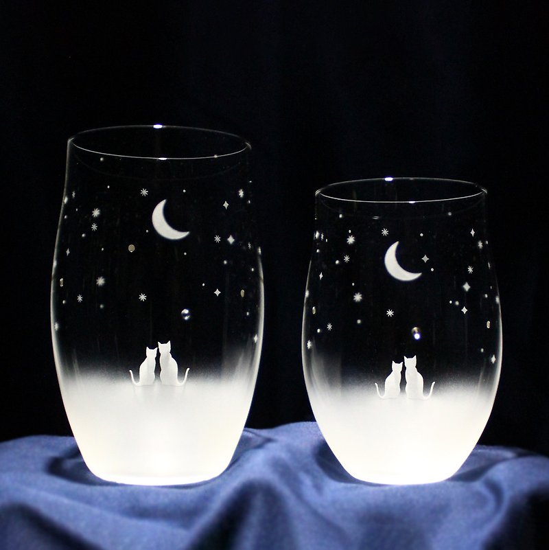 【一緒にみる三日月の夜空】L+Mペアセット  猫モチーフのグラス  (vol.1-set) 名入れ加工対応品(別売りオプション) - 杯/玻璃杯 - 玻璃 透明