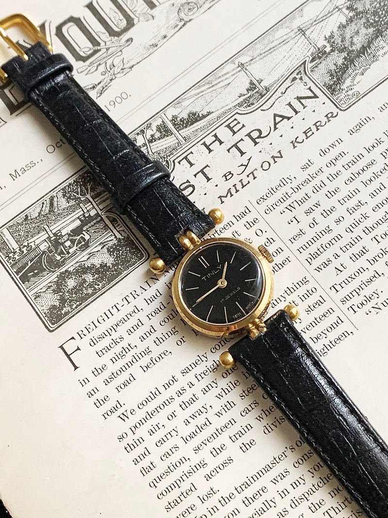 1960's TINLY black mechanical watch - นาฬิกาผู้หญิง - โลหะ สีทอง