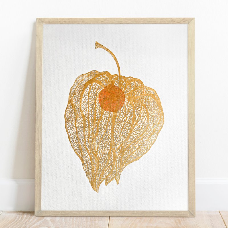 Gold physalis plant Orange berry Linocut print Large artwork Wall art decor - 壁貼/牆壁裝飾 - 紙 金色