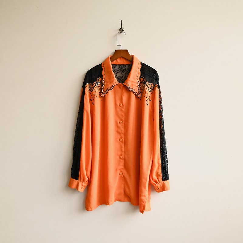 [Egg plant vintage] Orange disco lace stitching wide vintage shirt - Women's Shirts - Polyester 