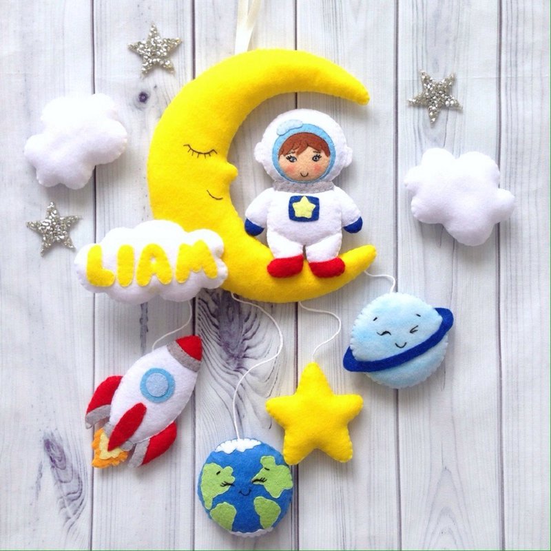 Custom Space Moon Personalized Baby Mobile Solar System Decor Felt Boy Astronaut - Wall Décor - Eco-Friendly Materials Yellow