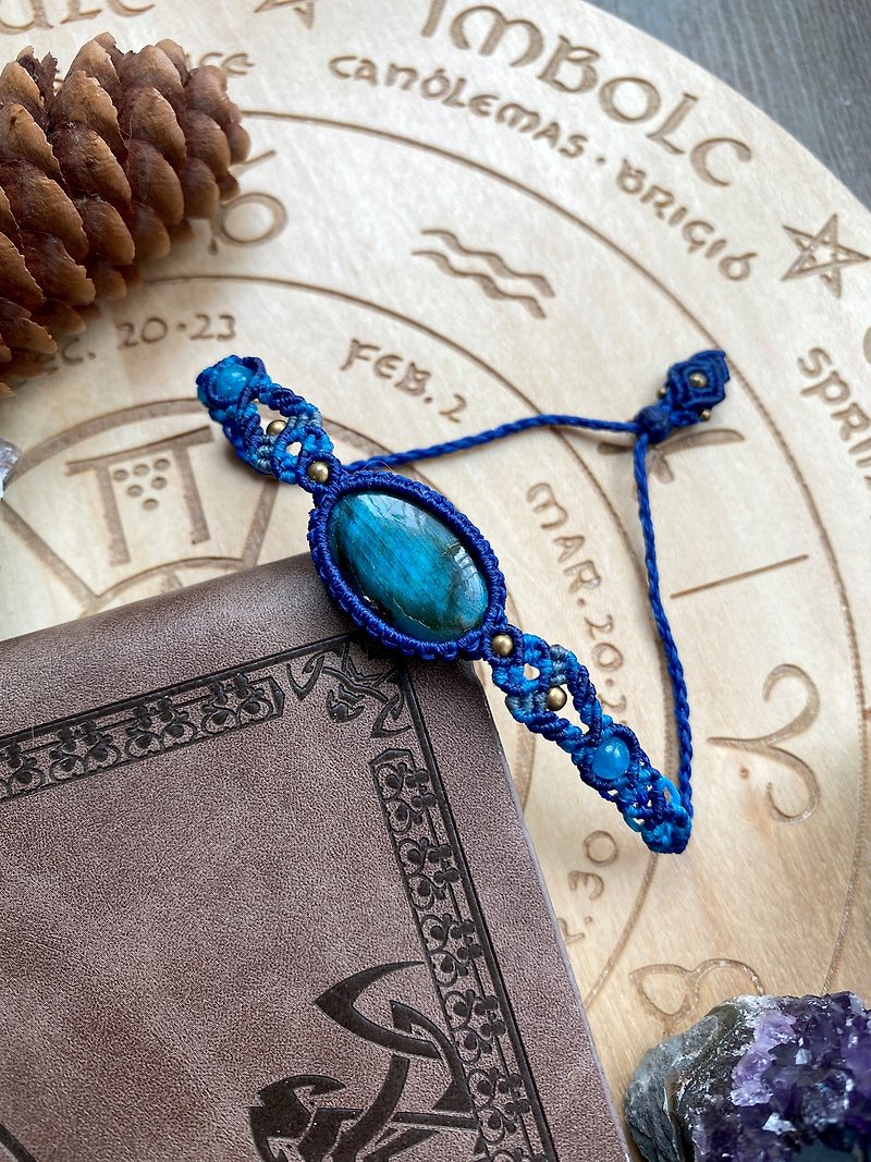H118-Ethnic style South American Wax thread braided labradorite Stone bead Bronze bead bracelet - สร้อยข้อมือ - เครื่องเพชรพลอย สีน้ำเงิน