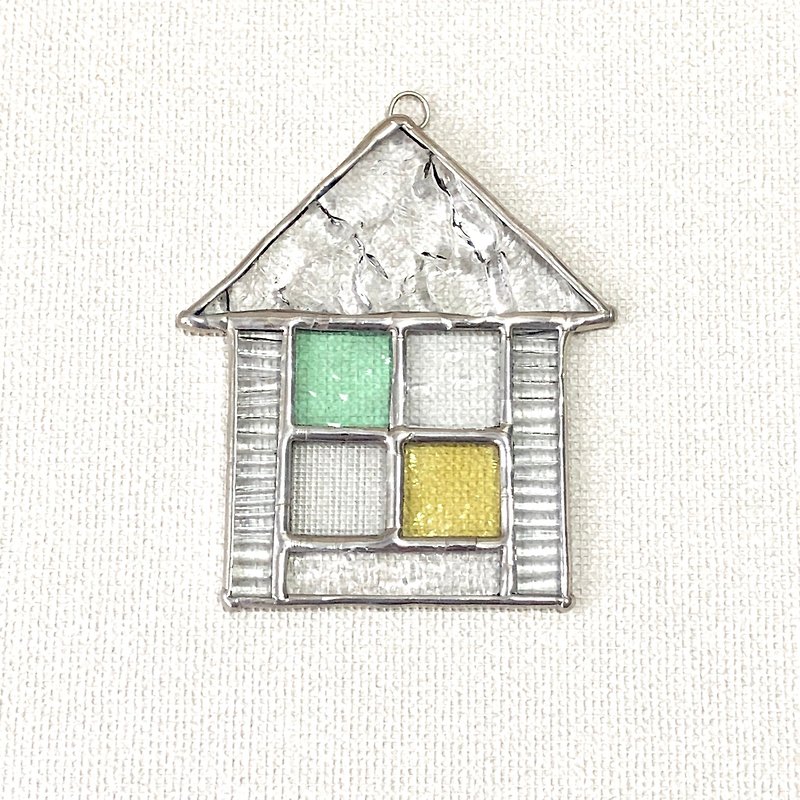 Stained glass suncatcher Maison triangular roof mint canary yellow - ตกแต่งผนัง - แก้ว สีใส