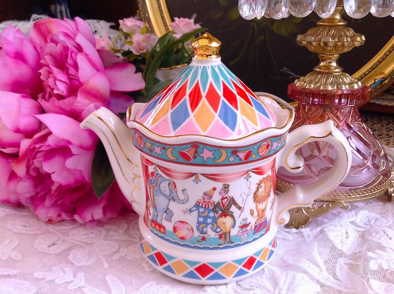 ♥安妮瘋古物♥vintage 復古 古董英國骨瓷 英國製 Sadler 馬戲團花茶壺~ 歡樂下午茶系列,可愛 - 茶具/茶杯 - 瓷 