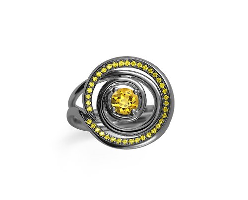 Majade Jewelry Design 黃色藍寶石螺旋求婚訂婚戒指套裝 14k金圓環新娘結婚2合1炫黑指環