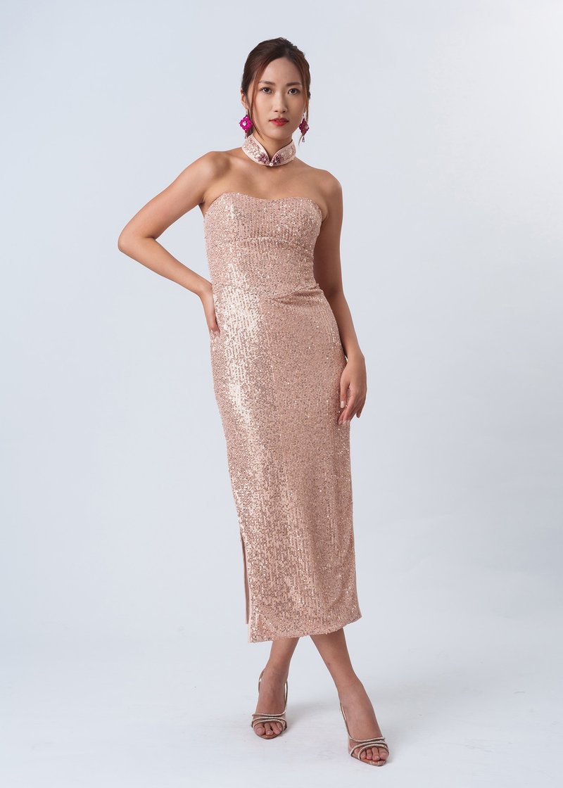 Mandarin Glow Tube Dress w Detachable Collar (Champagne) - RTW - Women's Vests - Other Materials Pink