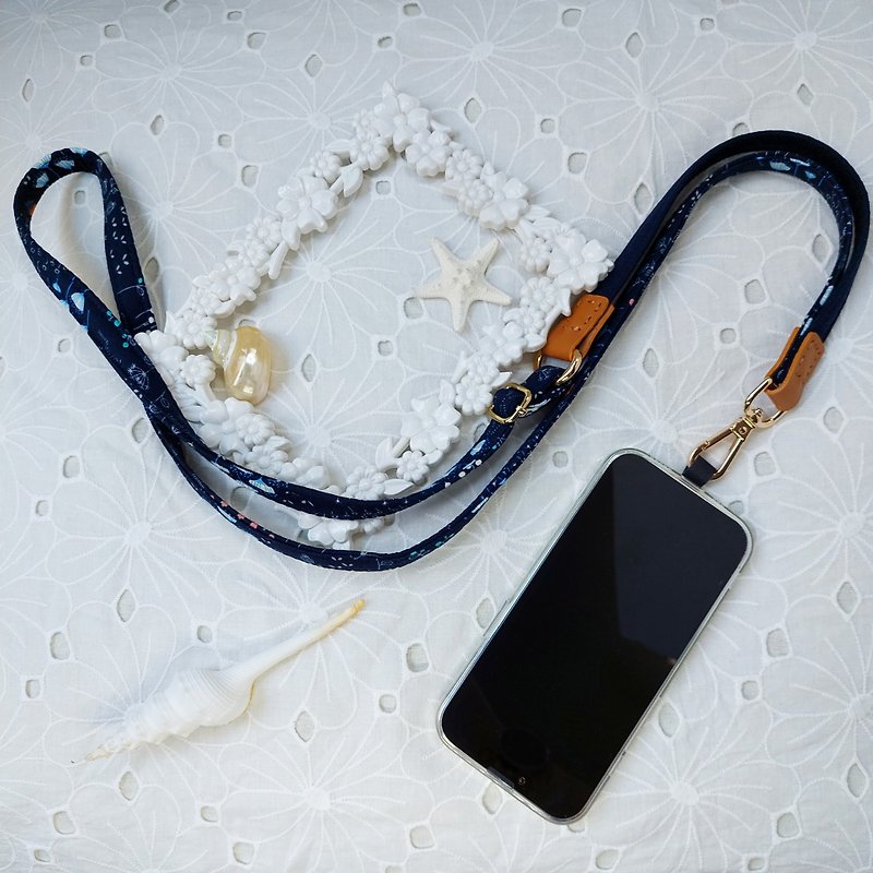 三合一多功能深藍色插畫風韓國棉布手機斜背繩/斜背帶/背繩/ - 掛繩/吊繩 - 棉．麻 藍色