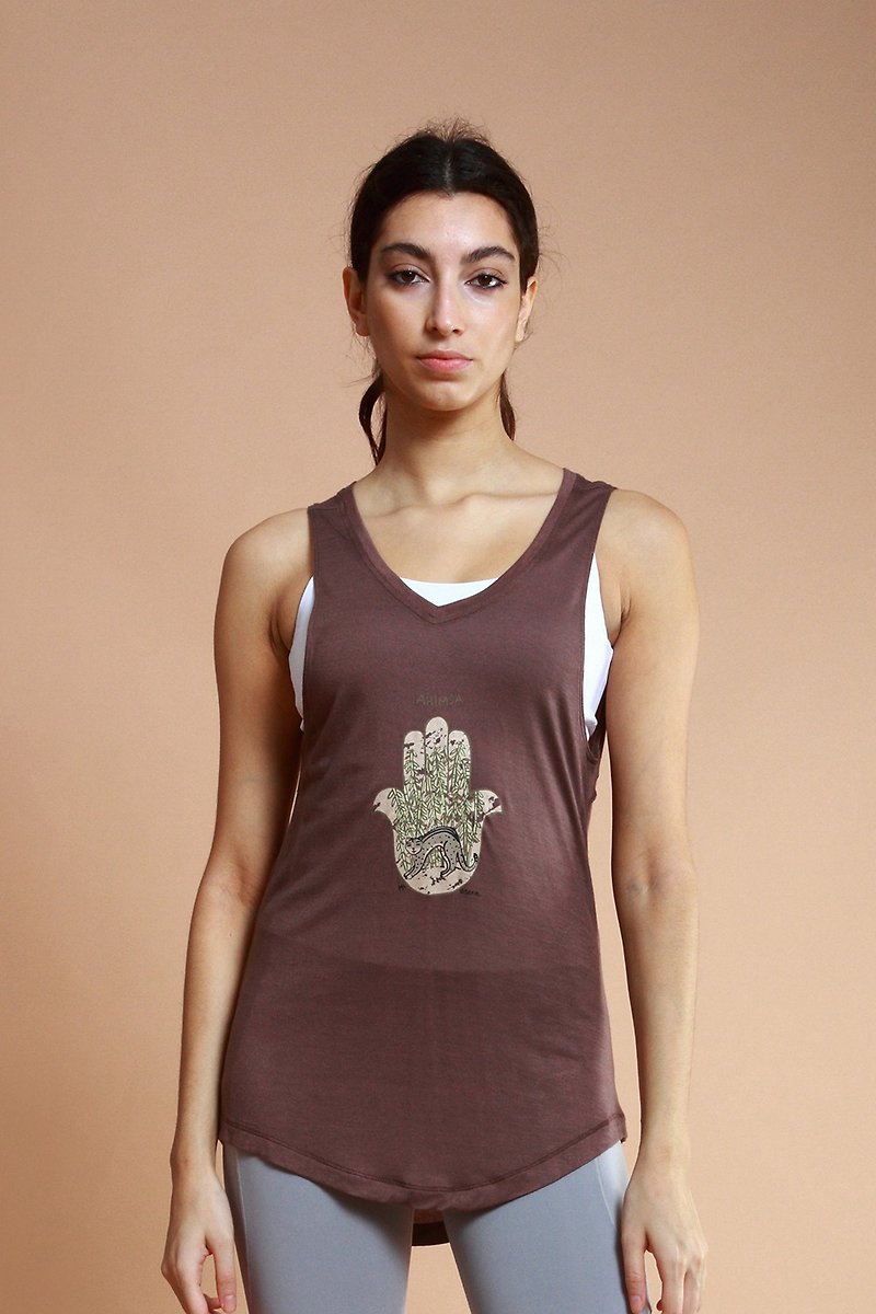 asana eco 生態意識系列-V領大露背背心-梅布朗 石虎 - 女 T 恤 - 聚酯纖維 咖啡色