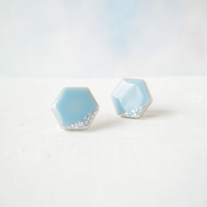 Hexagonal blue Mino ware earrings (Haku) Earrings / Clip-On - Earrings & Clip-ons - Porcelain Blue