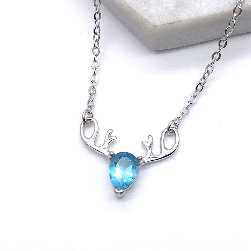 Blue Topaz 925 sterling silver elk antler design necklace - สร้อยคอ - เครื่องเพชรพลอย สีน้ำเงิน
