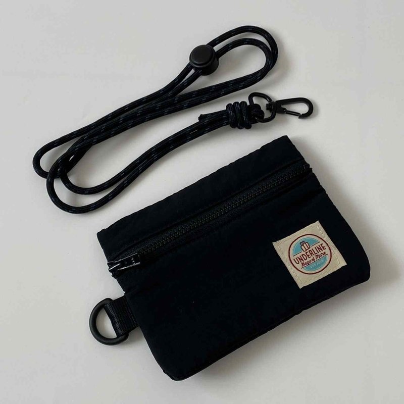 Underline Black Nylon Flip Pocket with Strap/ Wallet / Coin Purses - 零錢包/小錢包 - 棉．麻 黑色