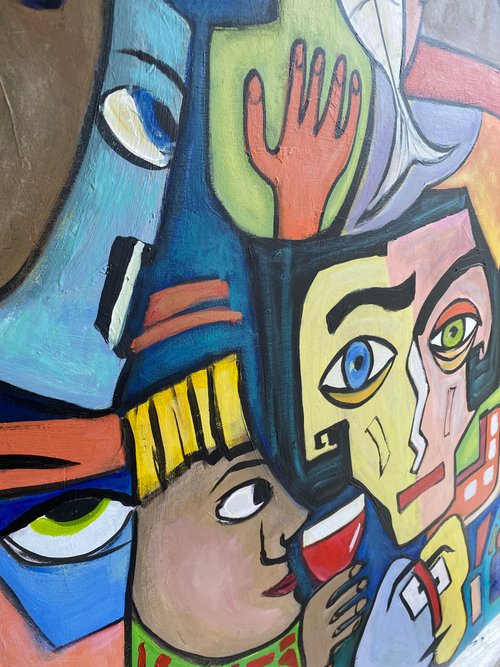 抽象的キュビズムの顔のアート、大きくて鮮やかなカラフルな絵画