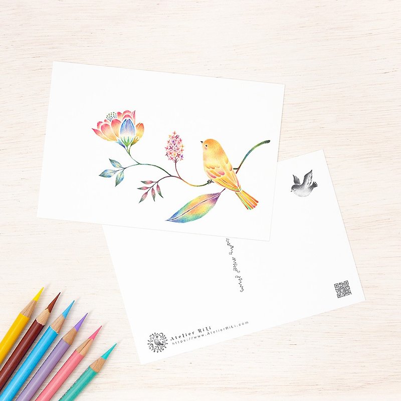 Set of 5 pieces. Like a picture book. Postcard "Yellow Birds and Flowers" PC-338 - Cards & Postcards - Paper Yellow