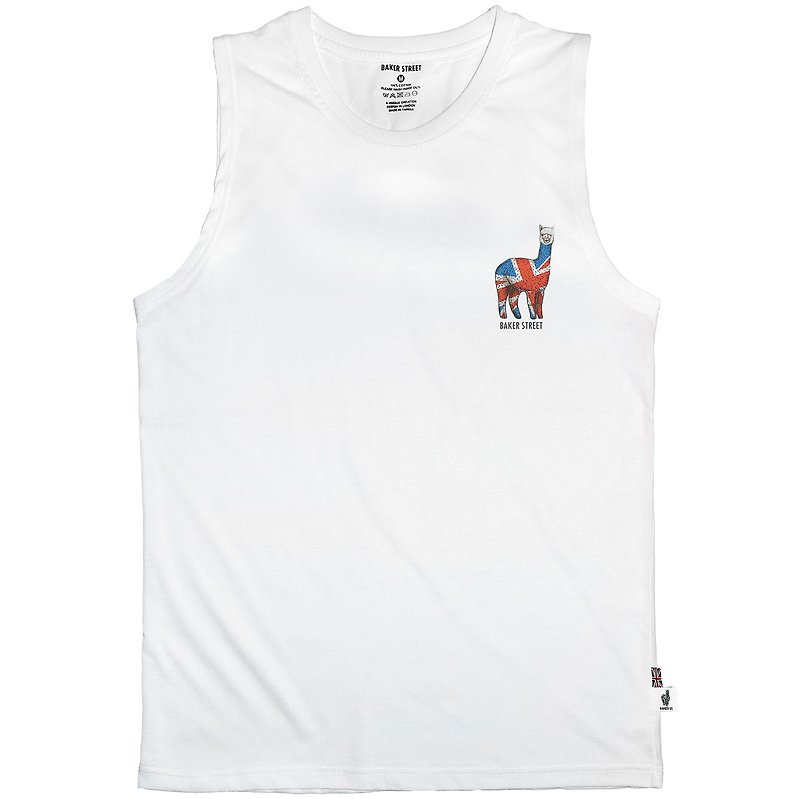 British Fashion Brand -Baker Street- British Alpaca Printed Tank Top - เสื้อกั๊กผู้ชาย - ผ้าฝ้าย/ผ้าลินิน ขาว