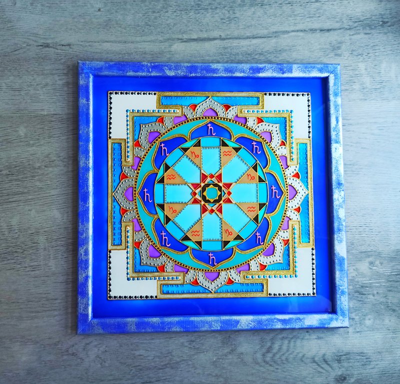 Sri Shani Saturn Yantra手绘彩色玻璃冥想瑜伽治疗装饰 - 壁貼/牆壁裝飾 - 玻璃 藍色