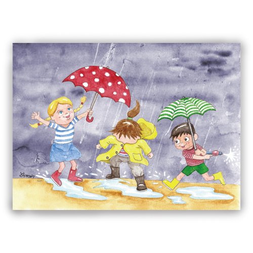 Hand-painted illustration universal card/postcard/card/illustration card--play in the water on rainy days