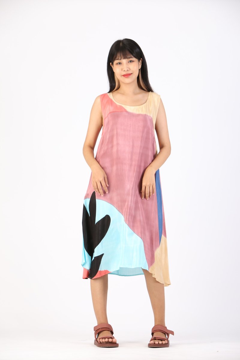 Dress Hand Paint Soft Cotton Silk for Yoga Vacation Holidays - 洋裝/連身裙 - 聚酯纖維 粉紅色