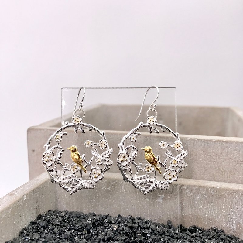 E11027 Bird with Flowers Silver 925 Earrings - Earrings & Clip-ons - Other Metals Silver