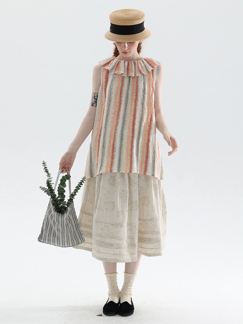 Hollow Color Stripe Linen Ruffle Neck Long Vest - Women's Vests - Cotton & Hemp Blue