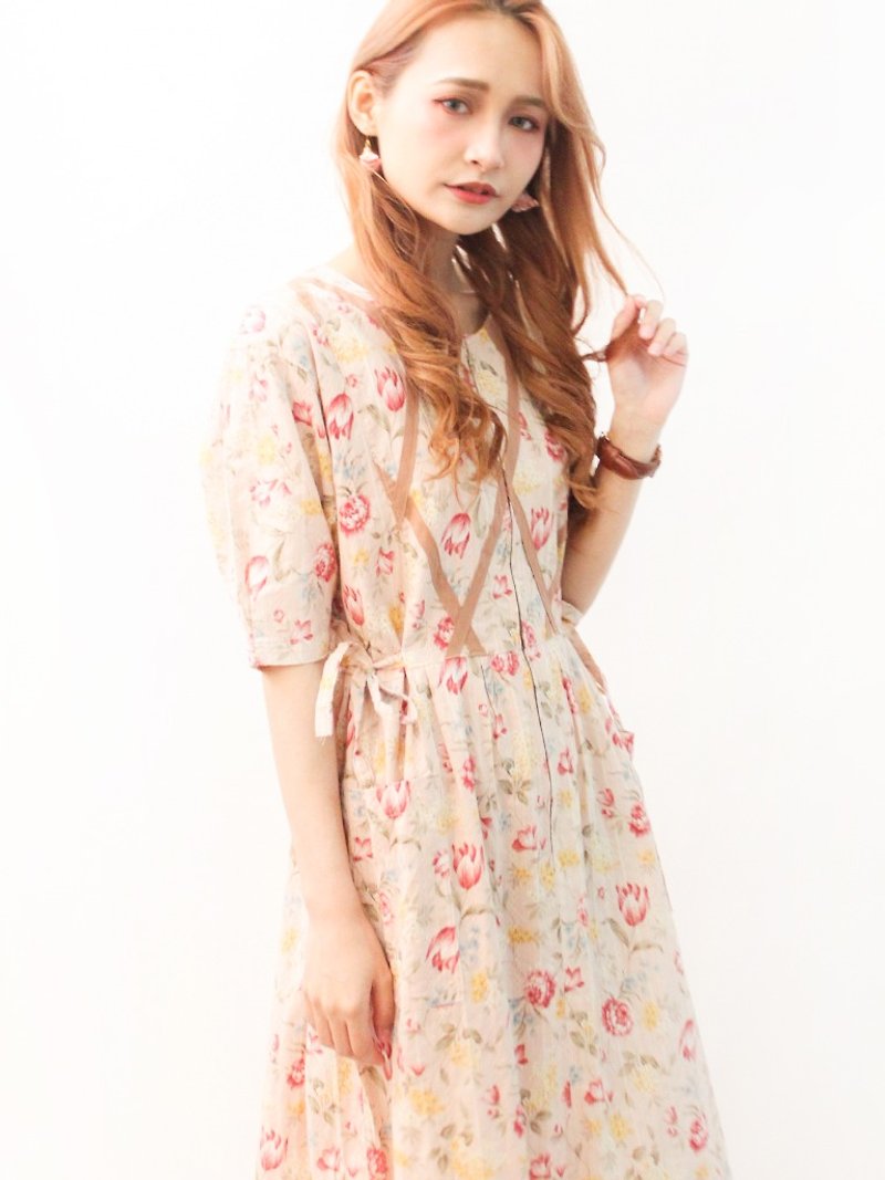 Retro sweet romantic flowers cotton pink short sleeve loose vintage dress - One Piece Dresses - Cotton & Hemp Pink