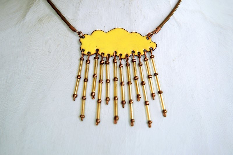 Enamel Necklace, Cloud Necklace, Golden Shower, Jewelry, Rain Cloud Necklace - สร้อยคอ - วัตถุเคลือบ สีเหลือง