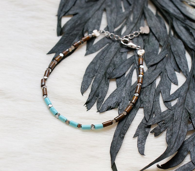 Mahogany+Turquoise Bracelet with Linear Memory Alloy - สร้อยข้อมือ - เครื่องเพชรพลอย 