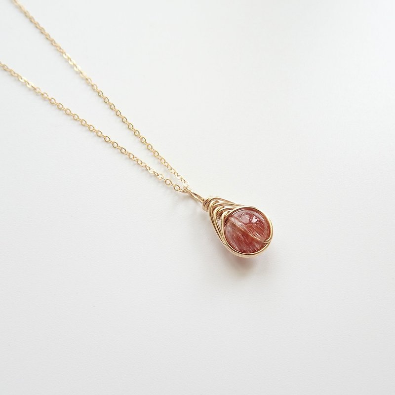 Red Rutilated Quartz Herringbone Wire Wrapped Charm 14K GF Handmade Necklace - Necklaces - Semi-Precious Stones Red