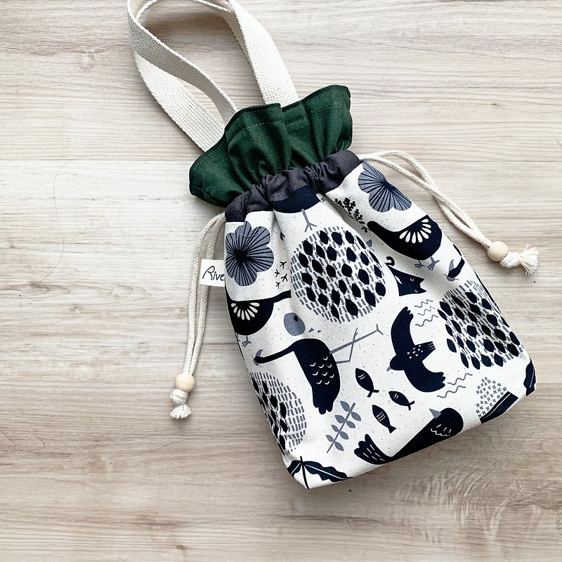 【River】Beam mouth portable dual-purpose bag (medium) / bird / black - กระเป๋าถือ - ผ้าฝ้าย/ผ้าลินิน สีดำ