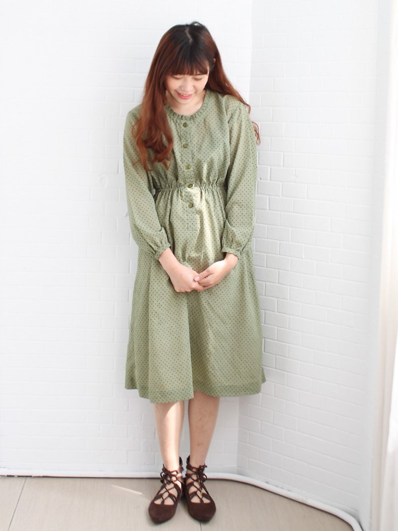 Retro early spring Japanese cute sweet polka dot grass green loose long sleeve vintage dress - One Piece Dresses - Polyester Green