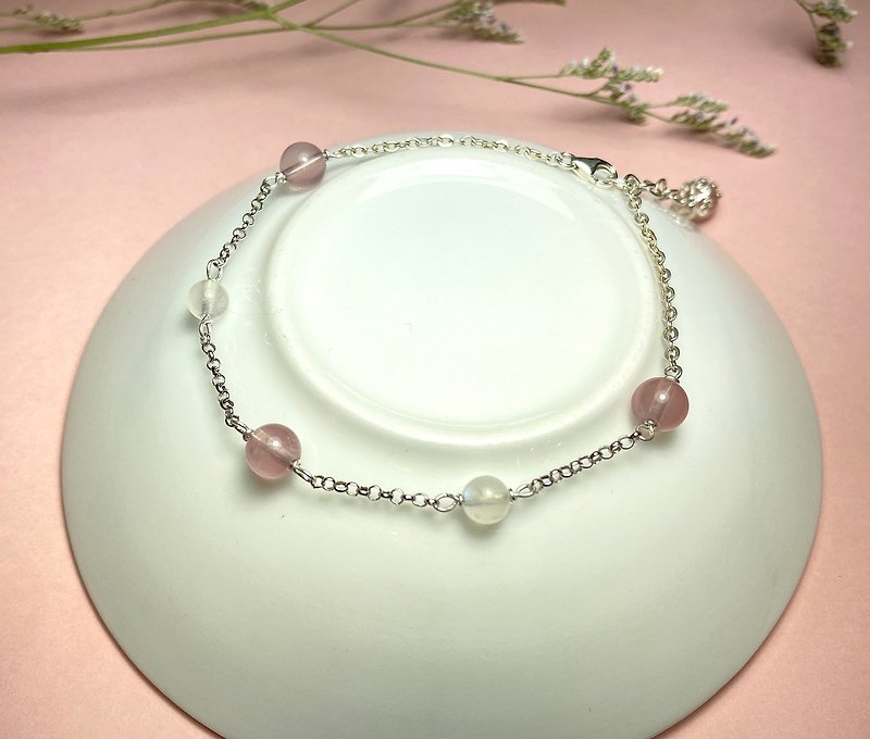 Fast shipping natural pink crystal x moonstone 925 Silver bracelet pink crystal bracelet - Bracelets - Crystal Pink