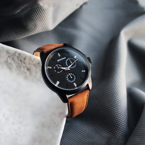 PICONO Watches No.91 三眼多功能系列簡約中性手錶 / 黑色