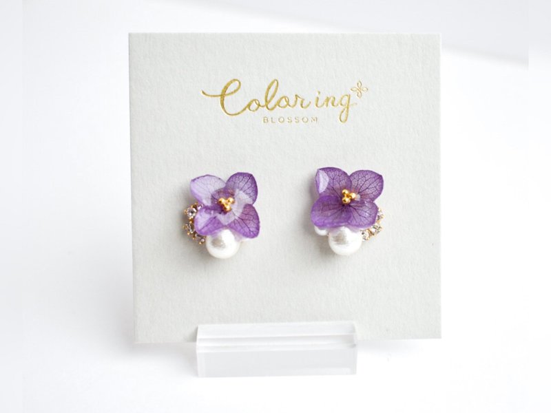 本真繡球花耳環耳夾 - 耳環/耳夾 - 其他材質 紫色